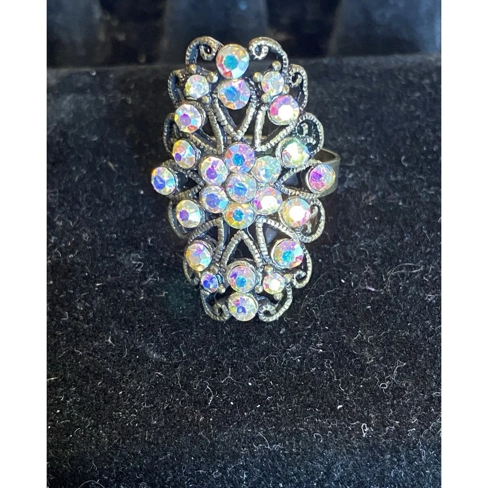 Aurora Borealis Rhinestone Oval Cluster Adjustable Vintage Ring 1.25 inches long